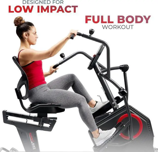 Alt view image 4 of 7 - Sunny Health & Fitness Elite Recumbent Cross Trainer & Elliptical Machine with Arm Exercisers for Home Arm/Leg Training, Easy Adjust Seat & Mesh Backrest, Free SunnyFit App Bluetooth Connectivity