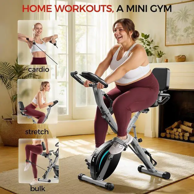 Alt view image 3 of 7 - Pleny Folding Exercise Bike, 5 IN 1 Stationary Bike 5.5 LBS Flywheel Exercise Bike, Indoor Workout Bike 330LB Weight Capacity Back Support Cushion for Home Gym Workout
