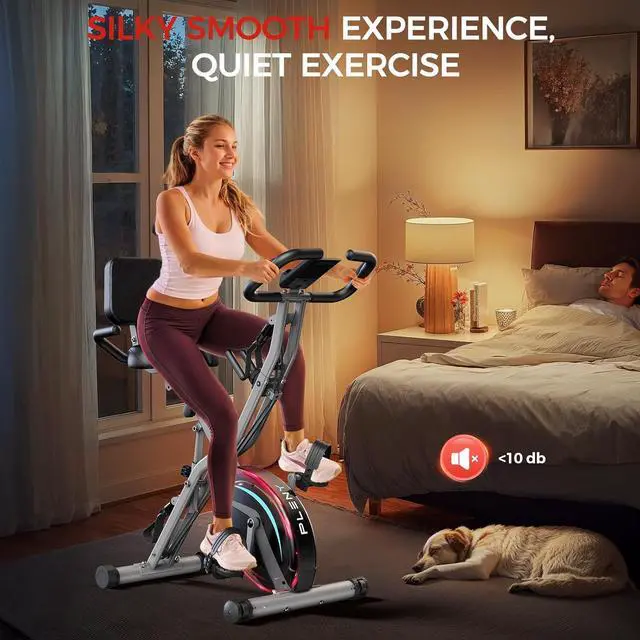 Alt view image 4 of 7 - Pleny Folding Exercise Bike, 5 IN 1 Stationary Bike 5.5 LBS Flywheel Exercise Bike, Indoor Workout Bike 330LB Weight Capacity Back Support Cushion for Home Gym Workout