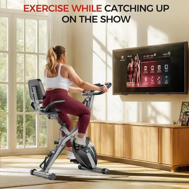 Alt view image 5 of 7 - Pleny Folding Exercise Bike, 5 IN 1 Stationary Bike 5.5 LBS Flywheel Exercise Bike, Indoor Workout Bike 330LB Weight Capacity Back Support Cushion for Home Gym Workout