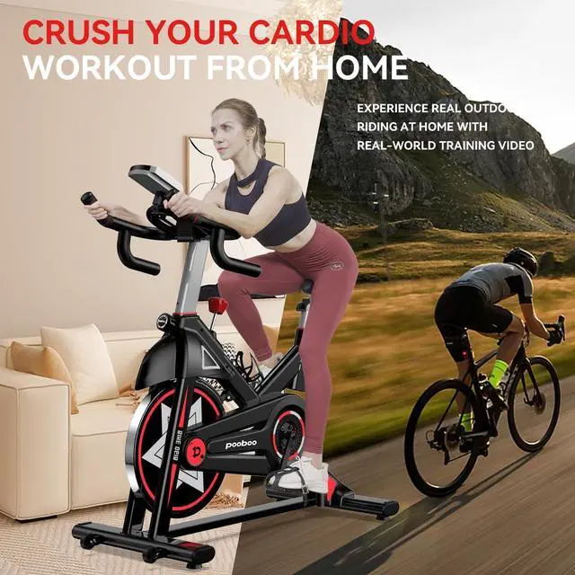 Alt view image 7 of 7 - POOBOO Exercise Bike, Stationary Bike for Home Gym, Indoor Cycling Bike w/Comfortable Seat Cushion & Tablet Mount, Silent Belt Drive Indoor Bike for Cardio Workout