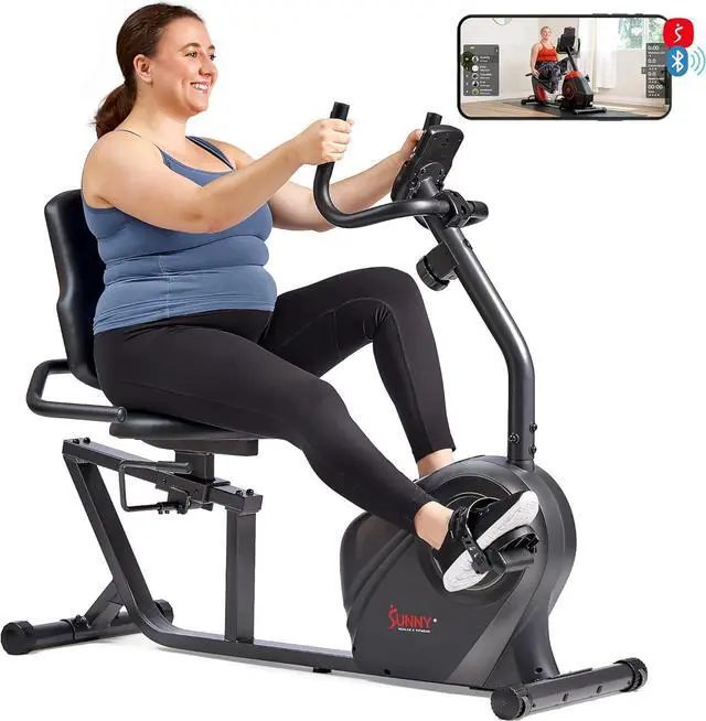 Main image of Sunny Health & Fitness Smart Heavy-Duty Recumbent Bike w/Wide Cushioned Seat & Back, Indoor Cycling Machine for Adult/Seniors Home Exercise, Free SunnyFit App Connect, Optional Workout Training Bands