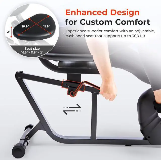 Alt view image 4 of 6 - Sunny Health & Fitness Smart Heavy-Duty Recumbent Bike w/Wide Cushioned Seat & Back, Indoor Cycling Machine for Adult/Seniors Home Exercise, Free SunnyFit App Connect, Optional Workout Training Bands