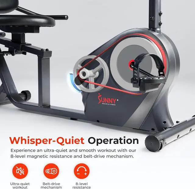 Alt view image 3 of 6 - Sunny Health & Fitness Smart Heavy-Duty Recumbent Bike w/Wide Cushioned Seat & Back, Indoor Cycling Machine for Adult/Seniors Home Exercise, Free SunnyFit App Connect, Optional Workout Training Bands