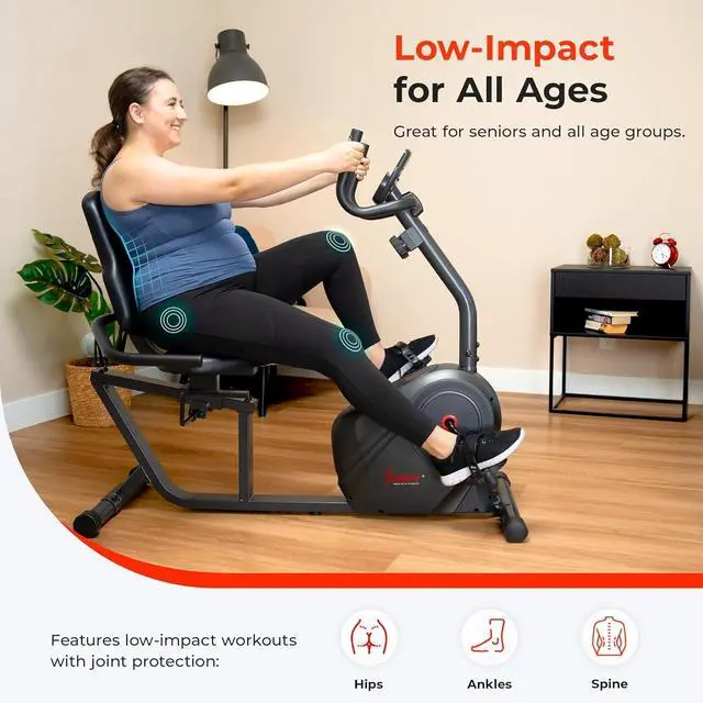 Alt view image 5 of 6 - Sunny Health & Fitness Smart Heavy-Duty Recumbent Bike w/Wide Cushioned Seat & Back, Indoor Cycling Machine for Adult/Seniors Home Exercise, Free SunnyFit App Connect, Optional Workout Training Bands