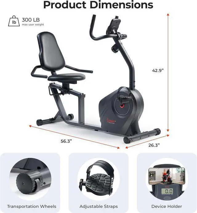 Alt view image 6 of 6 - Sunny Health & Fitness Smart Heavy-Duty Recumbent Bike w/Wide Cushioned Seat & Back, Indoor Cycling Machine for Adult/Seniors Home Exercise, Free SunnyFit App Connect, Optional Workout Training Bands