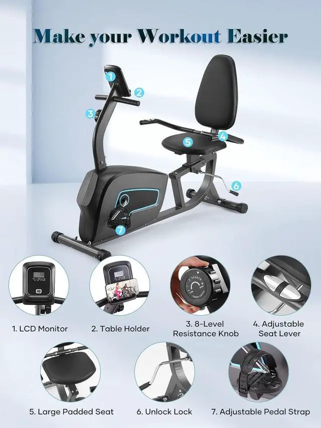 Alt view image 6 of 7 - Recumbent Exercise Bike for Home Stationary Bike Sturdy Quiet 8 Levels Exercise Bike Large Comfortable Seat Heart Rate Handle & Device Holder 300 LB Weight Capacity