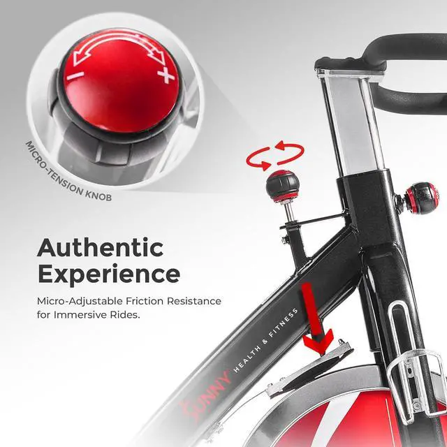 Alt view image 4 of 7 - Sunny Health & Fitness Indoor Stationary Exercise Bike, 4-Way Adjustable Seat for Cycling Cardio workout at Home, Optional 49 LB Flywheel, Heavy-Duty & Free SunnyFit App Bluetooth Connect