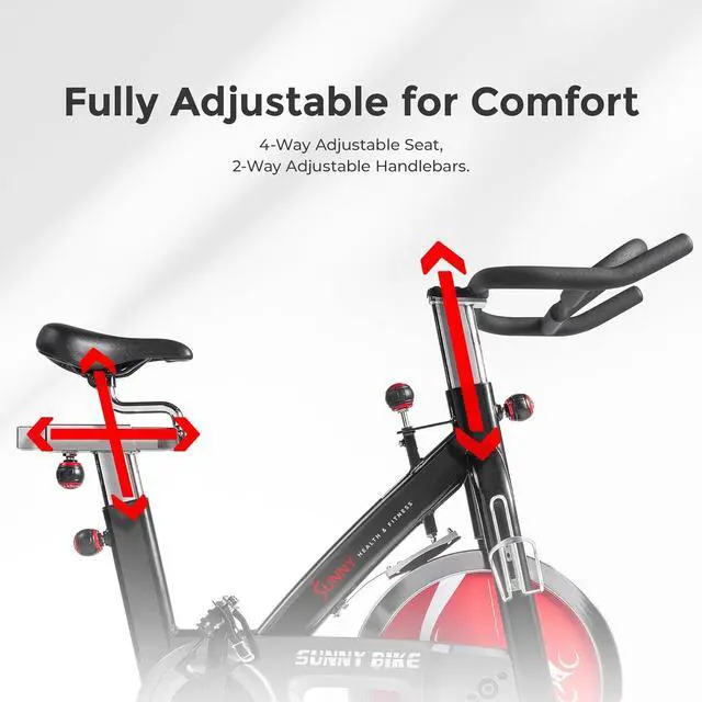 Alt view image 5 of 7 - Sunny Health & Fitness Indoor Stationary Exercise Bike, 4-Way Adjustable Seat for Cycling Cardio workout at Home, Optional 49 LB Flywheel, Heavy-Duty & Free SunnyFit App Bluetooth Connect