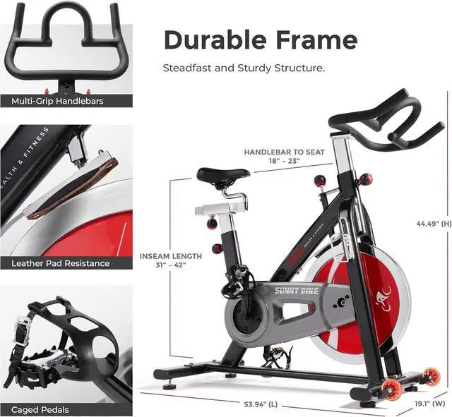 Alt view image 7 of 7 - Sunny Health & Fitness Indoor Stationary Exercise Bike, 4-Way Adjustable Seat for Cycling Cardio workout at Home, Optional 49 LB Flywheel, Heavy-Duty & Free SunnyFit App Bluetooth Connect