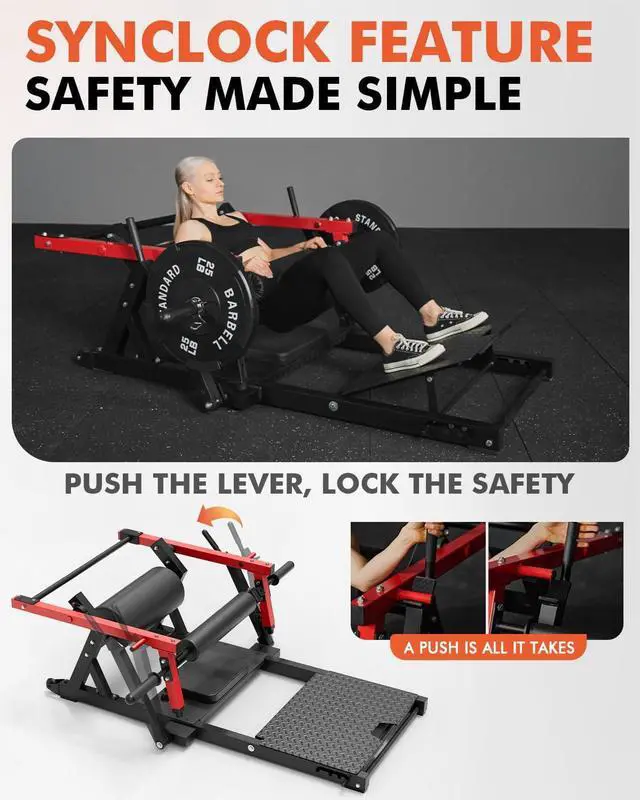 Alt view image 2 of 7 - GMWD Hip Thrust Machine, 800LBS Plate-Loaded Glute Bridge Machine with Weight Holder, Heavy Duty Butt Exercise Equipment for Glute Muscles Building and Butt Shaping, Adjustable Footboard, Red