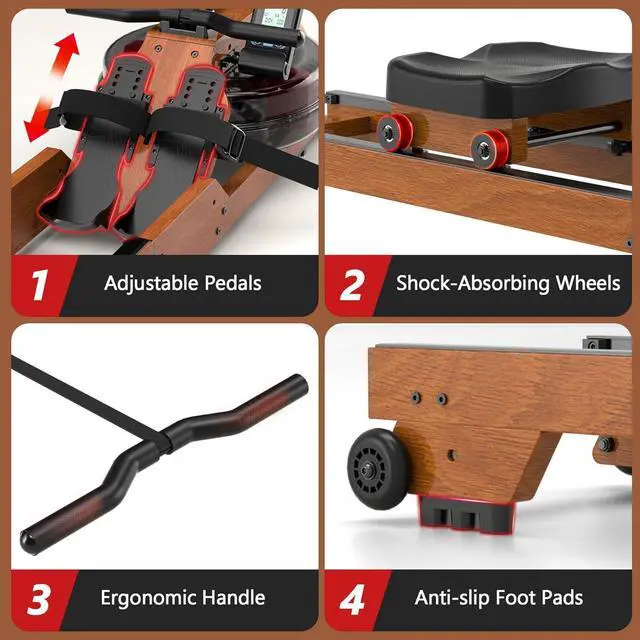 Alt view image 2 of 7 - Water Rowing Machine for Home Use, Wooden Foldable Rower Machine with Adjustable Monitor & Bluetooth APP, Large Water Tank & Comfortable Seat for Immersive Water Rower, 350LBS Weight Capacity
