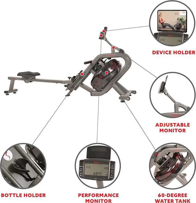 Alt view image 3 of 7 - Sunny Health & Fitness Elite Water Rowing Machine with High Dynamic Resistance Vertical Tank, Low-Impact Full-Body Workout and Optional Free SunnyFit App Connectivity
