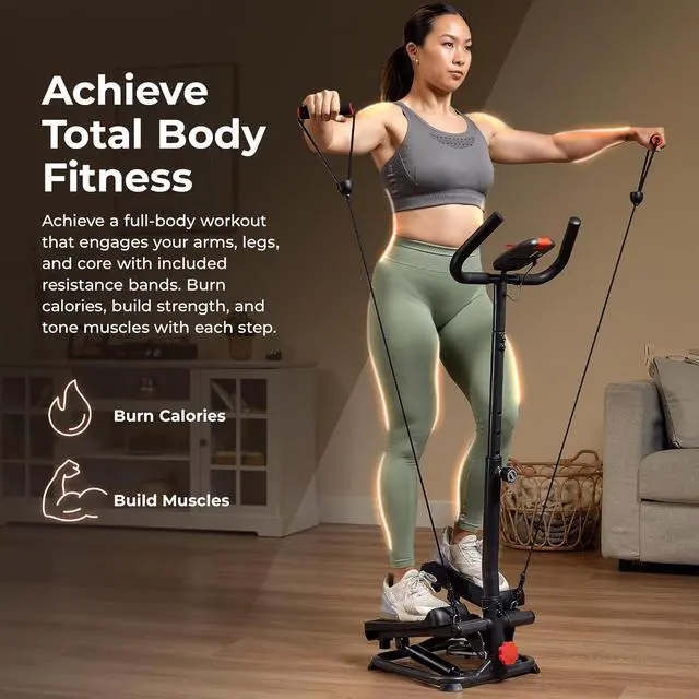 Alt view image 2 of 6 - Sunny Health & Fitness Total Body 2-in-1 Smart Stepper Machine for Home with Handlebar and Resistance Bands, Total Body Workout, Adjustable Hydraulic, LCD Monitor, Non-Slip Pedals  330 LB Max Weight