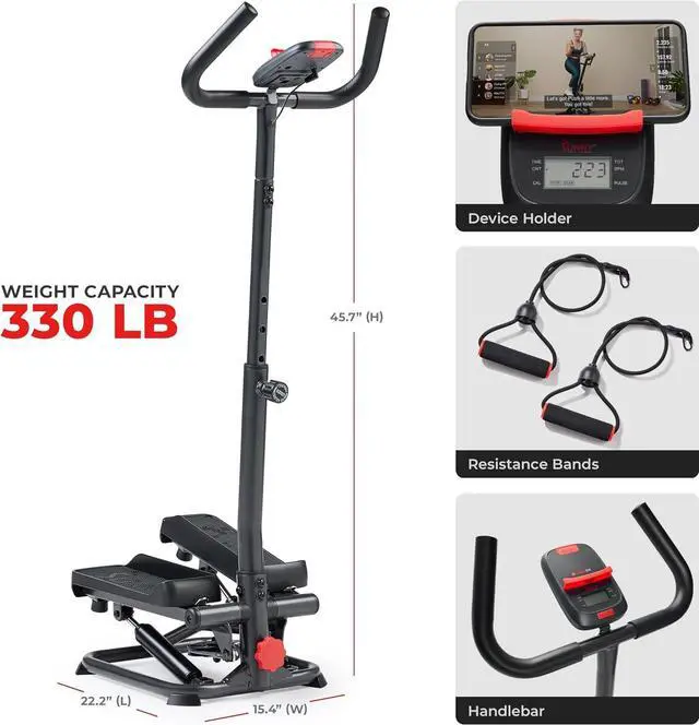Alt view image 6 of 6 - Sunny Health & Fitness Total Body 2-in-1 Smart Stepper Machine for Home with Handlebar and Resistance Bands, Total Body Workout, Adjustable Hydraulic, LCD Monitor, Non-Slip Pedals  330 LB Max Weight