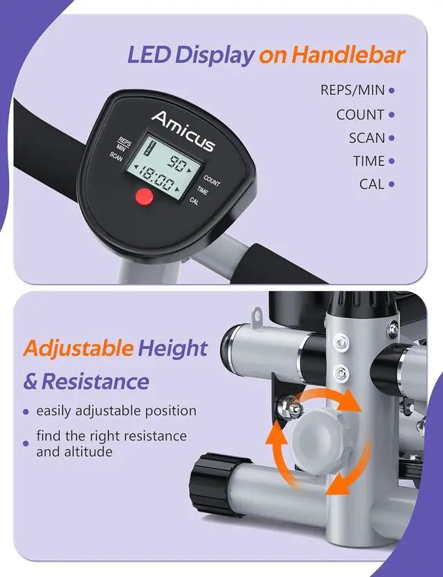 Alt view image 5 of 7 - Amicus Mini Stepper for Exercise, Adjustable Height Hydraulic Stair Steppers with Resistance Band for Home, 330lbs Weight Capacity