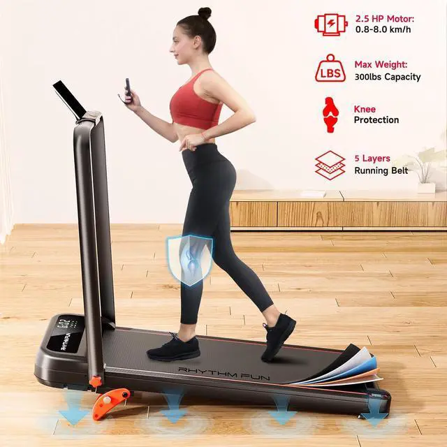 Alt view image 2 of 7 - RHYTHM FUN Incline Foldable Treadmill, Walking Pad Treadmill with Incline, 300 lbs Portable Treadmill with Handles for Home Office Use, Under Desk Compact Treadmill with LED Display & APP