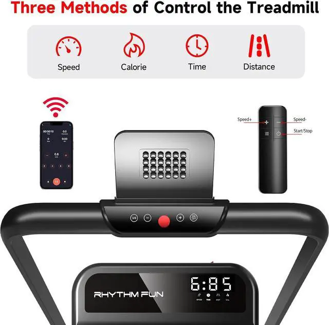 Alt view image 4 of 7 - RHYTHM FUN Incline Foldable Treadmill, Walking Pad Treadmill with Incline, 300 lbs Portable Treadmill with Handles for Home Office Use, Under Desk Compact Treadmill with LED Display & APP