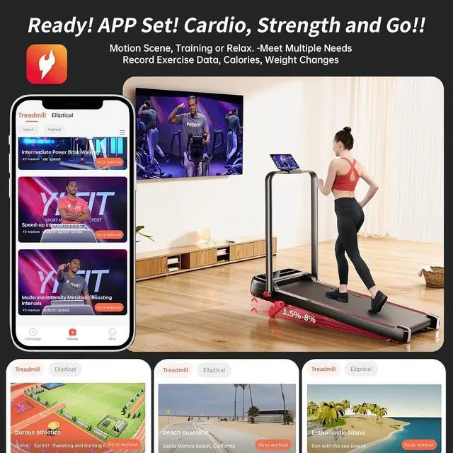 Alt view image 6 of 7 - RHYTHM FUN Incline Foldable Treadmill, Walking Pad Treadmill with Incline, 300 lbs Portable Treadmill with Handles for Home Office Use, Under Desk Compact Treadmill with LED Display & APP