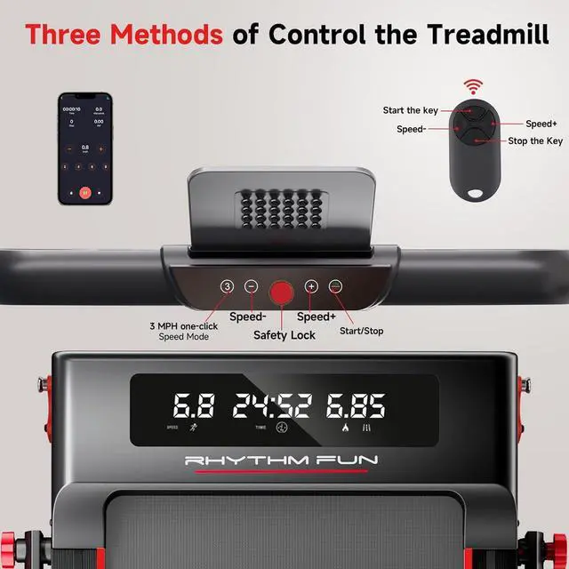 Alt view image 7 of 7 - RHYTHM FUN Treadmill with Incline, Walking Pad Treadmill with Handle Bar, 300lbs Foldable Treadmill Incline with APP, Portable Folding Treadmills for Home/Office with Low Noise