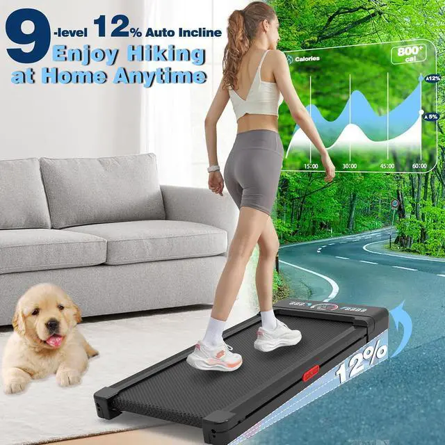 Alt view image 2 of 7 - Walking Pad Treadmill with 12% 9-Level Auto Incline, 450 lbs Capacity and RGB LED Screen Under Desk Treadmill with Hiking Mode, Compact Treadmills for Home Small/Office