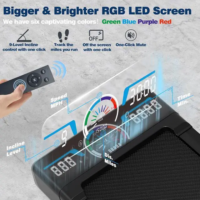 Alt view image 5 of 7 - Walking Pad Treadmill with 12% 9-Level Auto Incline, 450 lbs Capacity and RGB LED Screen Under Desk Treadmill with Hiking Mode, Compact Treadmills for Home Small/Office