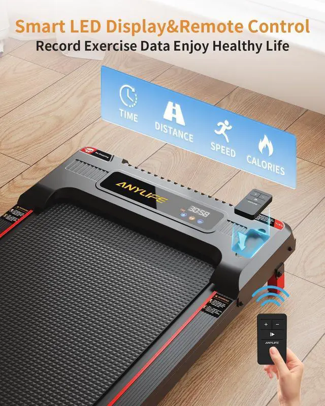 Alt view image 5 of 7 - Walking Pad Treadmill, Anylife Incline Walking Pad Under Desk Treadmill 330lb Capacity, 2.5HP Portable Treadmills for Home, Compact Treadmill Small Running Pad with LED Display, Remote Control