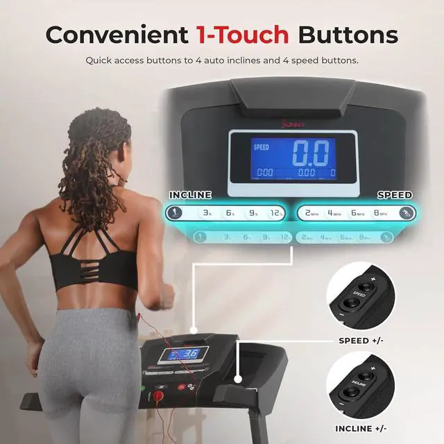 Alt view image 4 of 7 - Sunny Health & Fitness Premium Foldable Treadmill for Home, Running or Walking with Auto Incline, Shock Absorption, Digital Display, Optional 20 Running Deck, Free SunnyFit App Bluetooth Connection