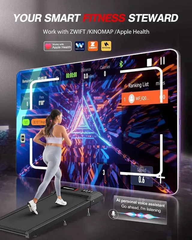 Alt view image 2 of 7 - WELLFIT 10% Incline Walking Pad, 265/300+lbs Capacity Under Desk Treadmills, 29lb Lightweight Smart Treadmill with Widen Belt, Portable Treadmills Work with KINOMAP Apple Health for Home Office Small