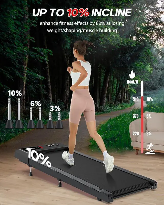 Alt view image 3 of 7 - WELLFIT 10% Incline Walking Pad, 265/300+lbs Capacity Under Desk Treadmills, 29lb Lightweight Smart Treadmill with Widen Belt, Portable Treadmills Work with KINOMAP Apple Health for Home Office Small
