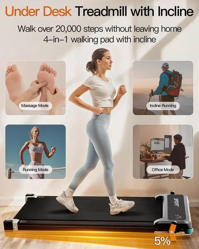 Alt view image 7 of 7 - Walking Pad with Incline, Under Desk Treadmill with 2 Control Options, Ultra Slim Design and Double Shock Absorption, LED Display, Powerful and Quiet Treadmill for Walking/Jogging