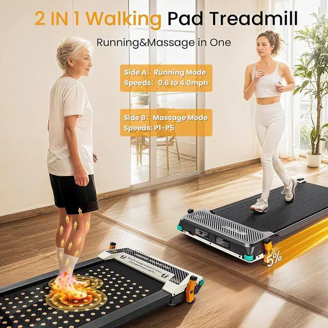 Alt view image 2 of 7 - 2 Side Walking Pad with Incline Massage Function, 2 in 1 Under Desk Walking Pad and Foot Massager Treadmills for Home/Office, Portable Treadmill with Remote Control LED Display