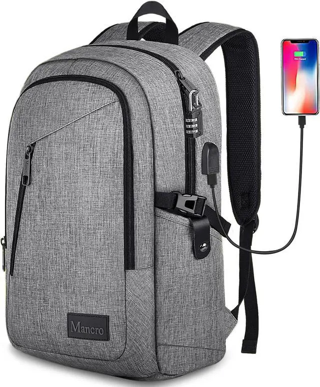 Main image of Mancro Laptop Backpack for Travel, Anti-theft Laptop Backpack for Men Business Backpack Work Daypack with USB Charging Port & Lock, Water Resistant Travel Computer Bag Daypack, Grey