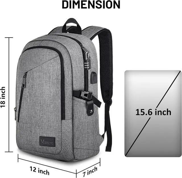 Alt view image 5 of 7 - Mancro Laptop Backpack for Travel, Anti-theft Laptop Backpack for Men Business Backpack Work Daypack with USB Charging Port & Lock, Water Resistant Travel Computer Bag Daypack, Grey