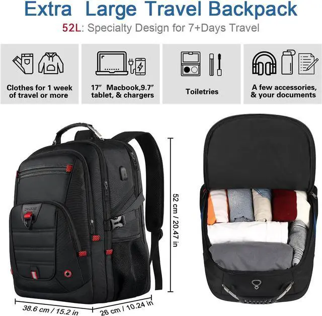 Alt view image 2 of 7 - Extra Large Travel Backpack 52L TSA Backpack 17.3 Inch Anti-Theft 17 Inch Big Business Laptop Backpack for Men & Women Water Resistant College Rucksack Bag with USB Port Black