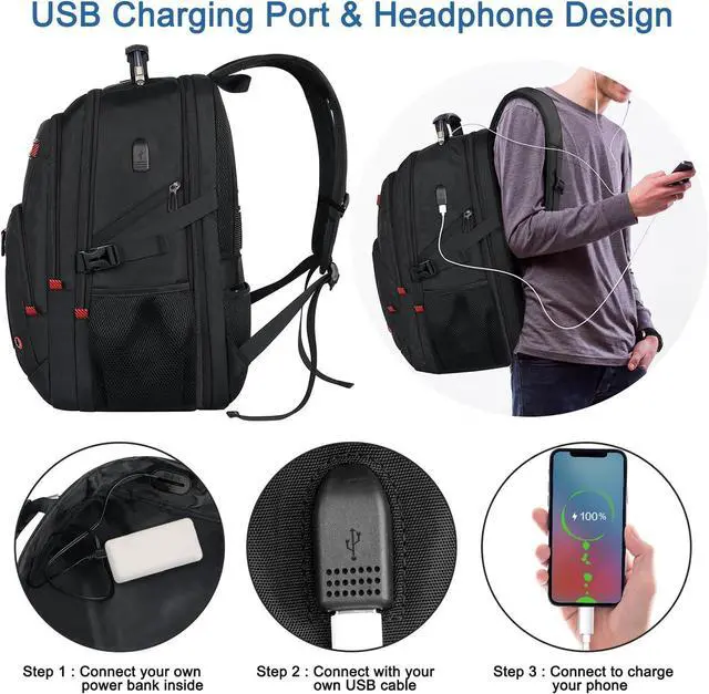 Alt view image 3 of 7 - Extra Large Travel Backpack 52L TSA Backpack 17.3 Inch Anti-Theft 17 Inch Big Business Laptop Backpack for Men & Women Water Resistant College Rucksack Bag with USB Port Black