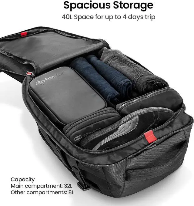 Alt view image 2 of 7 - tomtoc Travel Backpack 40L, TSA Friendly Flight Approved Carry-on Luggage Hand Water-resistant Lightweight Business Rucksack, Durable Large Weekender Bag Daypack Fits 17.3 Inch Laptop