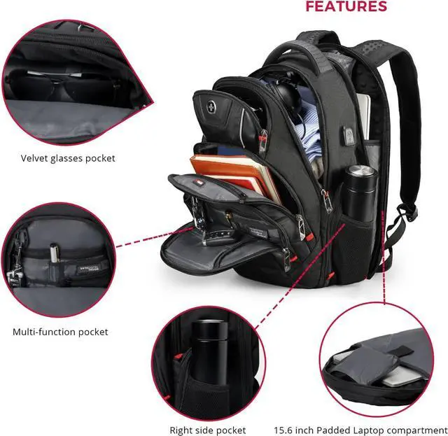 Alt view image 6 of 7 - Swissdigital Design Travel Backpack for men, TSA Friendly USB Charging RFID Protection Business Backpack Fits 15.6" Laptops Black | J14-BR