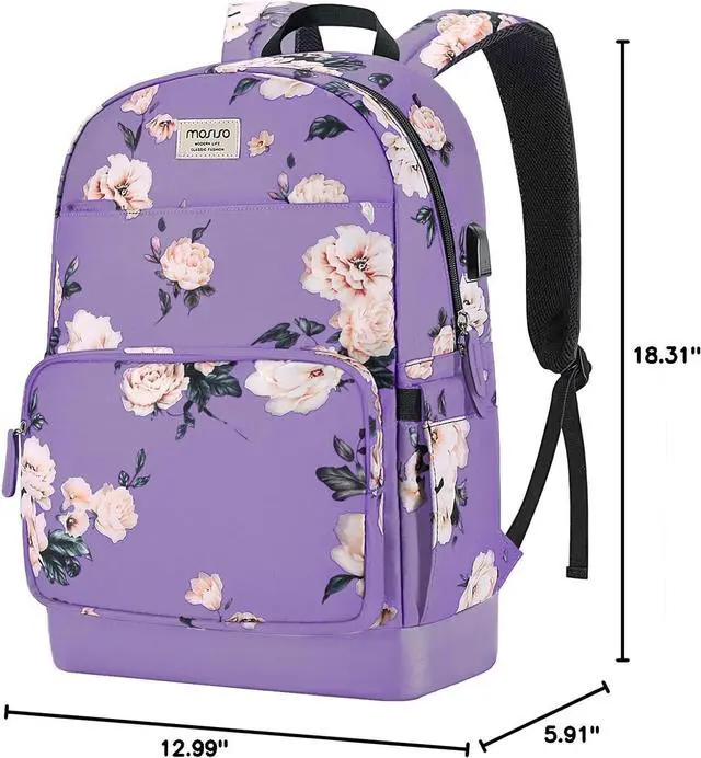 Alt view image 7 of 7 - MOSISO 15.6-16 inch Laptop Backpack for Women, Polyester Anti-Theft Stylish Casual Daypack Bag with Luggage Strap & USB Charging Port, Camellia Travel Backpack, Purple
