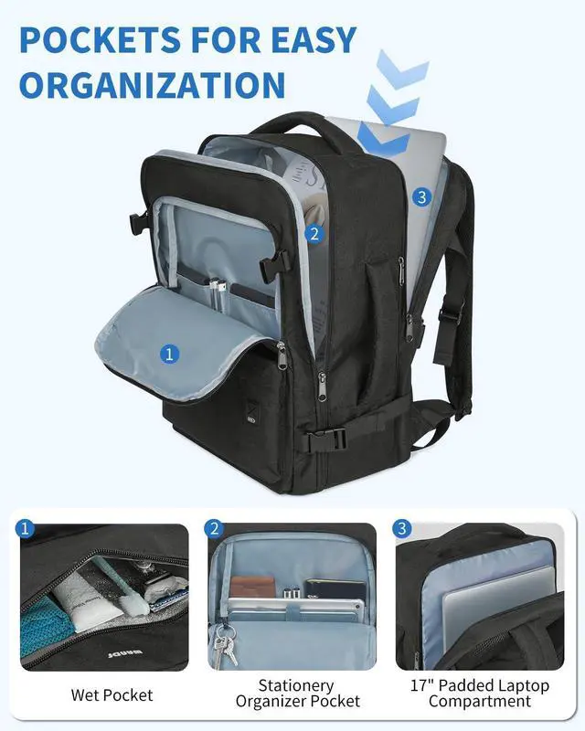 Alt view image 3 of 7 - WANDF Travel Backpack For Spirit Airlines Personal Item Bag 18x14x8 with Wet Pocket, 17 Inch Laptop Backpack for Men WomenBlack