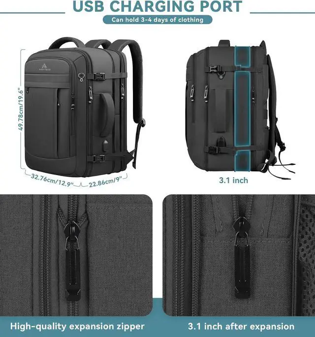 Alt view image 2 of 7 - Travel Backpack, 50L Expandable Extra Large Laptop Backpack, Carry On Backpack Airline Approved Water Resistant Business Suitcase Daypack Bag Fits 17 Inch Laptops, Travel Gifts for Men Women, Black