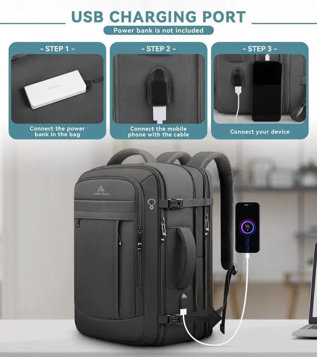 Alt view image 4 of 7 - Travel Backpack, 50L Expandable Extra Large Laptop Backpack, Carry On Backpack Airline Approved Water Resistant Business Suitcase Daypack Bag Fits 17 Inch Laptops, Travel Gifts for Men Women, Black