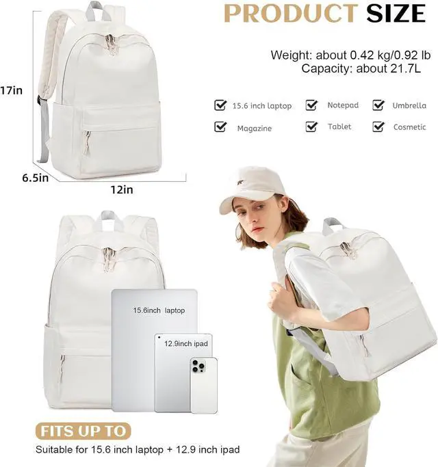 Alt view image 3 of 7 - School Backpack for Teen Girls Women Laptop Backpack College Bookbags Middle School Travel Work Commuter Back Pack(Solid Beige)