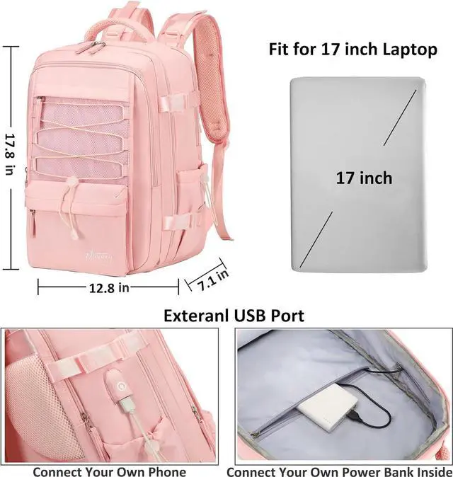Alt view image 6 of 6 - Travel Backpack for Women Men 17 Inch Laptop Backpacks with USB Port Carry on Bag Airline Approved Large College School Bookbags Waterproof Work Business Sport Rucksack Casual Daypack (Pink)