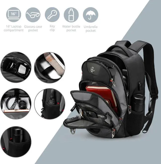 Alt view image 4 of 7 - Swissdigital Design Business Laptop Backpack with Smart USB Charging Port, Travel Backpack Fits 15.6 inches laptops, Water Repellent College Backpack for Men Women (SD803-02 Black/Grey)