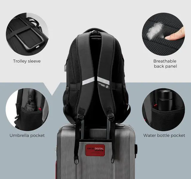 Alt view image 6 of 7 - Swissdigital Design Business Laptop Backpack with Smart USB Charging Port, Travel Backpack Fits 15.6 inches laptops, Water Repellent College Backpack for Men Women (SD803-02 Black/Grey)