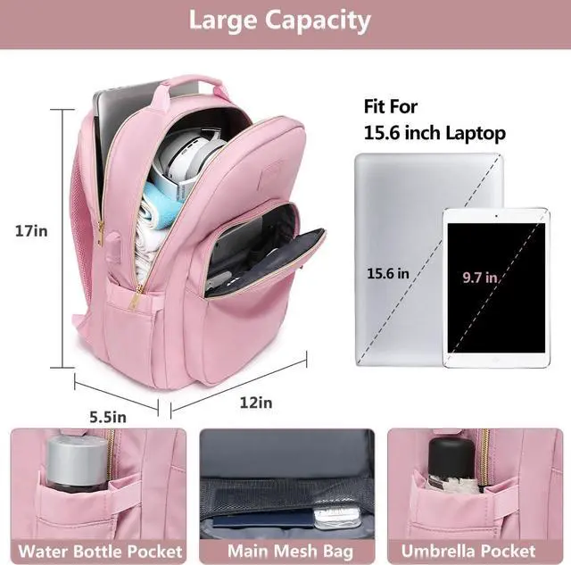 Alt view image 2 of 7 - Laptop Backpack for Women Bookbag Cute Pink School Backpack for Teen Girls Nurse Bags Work Backpack Teacher Back Pack Waterproof 15.6 inch with USB Charging Port