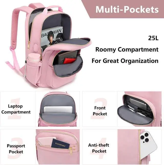 Alt view image 5 of 7 - Laptop Backpack for Women Bookbag Cute Pink School Backpack for Teen Girls Nurse Bags Work Backpack Teacher Back Pack Waterproof 15.6 inch with USB Charging Port
