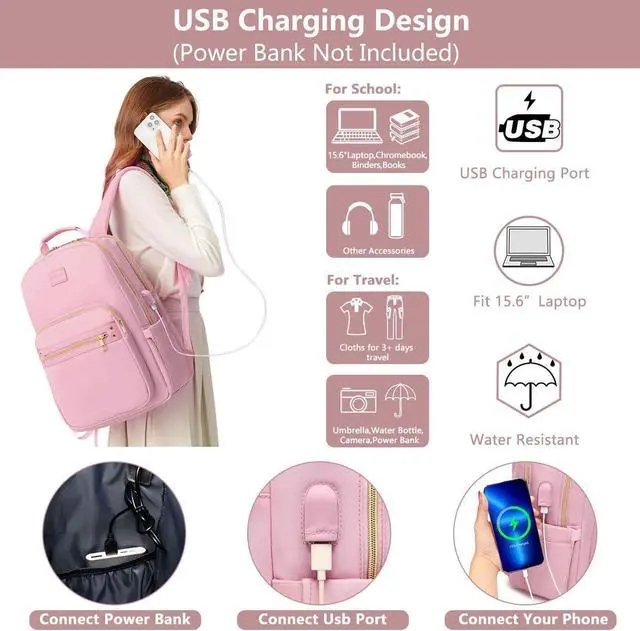 Alt view image 3 of 7 - Laptop Backpack for Women Bookbag Cute Pink School Backpack for Teen Girls Nurse Bags Work Backpack Teacher Back Pack Waterproof 15.6 inch with USB Charging Port
