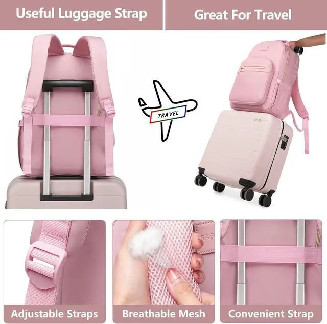 Alt view image 4 of 7 - Laptop Backpack for Women Bookbag Cute Pink School Backpack for Teen Girls Nurse Bags Work Backpack Teacher Back Pack Waterproof 15.6 inch with USB Charging Port